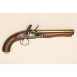 A FLINTLOCK HOLSTER PISTOL, early 19th century, the 9" octagonal brass barrel with front sight,