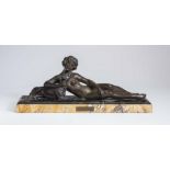 A FRENCH ART DECO BRONZE FIGURE, cast as a young female nude reclining with her right arm around a
