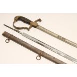 A DUTCH INFANTRY OFFICER'S SWORD, with 34" curved blade inscribed "YZERHOUWER", brass hilt with lion