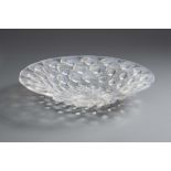 A LALIQUE BLUE OPALESCENT GLASS DISH, of shallow circular form, moulded with the "Plume de Paon"