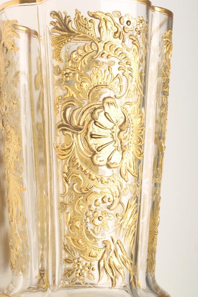 A THOMAS WEBB STYLE GLASS VASE, of flared quatrefoil form, enamelled and gilded in the style of - Image 2 of 3