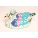 A LARGE HEREND PORCELAIN MODEL, modern, of two ducks with brightly coloured plumage, impressed