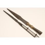A CHINESE QIANG SPEAR HEAD, 19th century, with 12" blade and brass geometric collar, 18 1/4" long,
