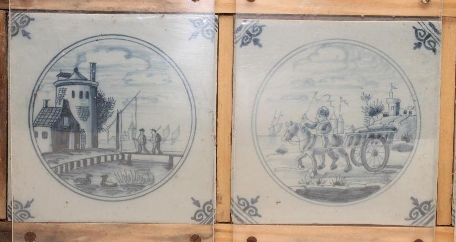 A SET OF FOUR DUTCH DELFT TILES, late 18th century, painted in blue, one with a vignette of an - Image 2 of 3