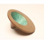 PHILIP HEARSEY, a sand cast bronze vessel form, the conical verdigris "bowl" resting on the