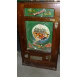 A "Win A Gum" slot machine for Rowntrees Fruit Gums, with oak and pine wall cabinet, fruit painted