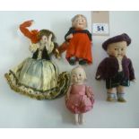 Four various German bisque dolls house dolls comprising a fully jointed lady wearing a long blue
