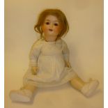 A Porzellanfabrik Mengersgereuth bisque head character doll with brown glass sleeping eyes, open