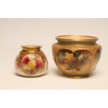 A ROYAL WORCESTER HADLEY CHINA CACHE-POT, 1905, of lobed baluster form, painted in sombre enamels