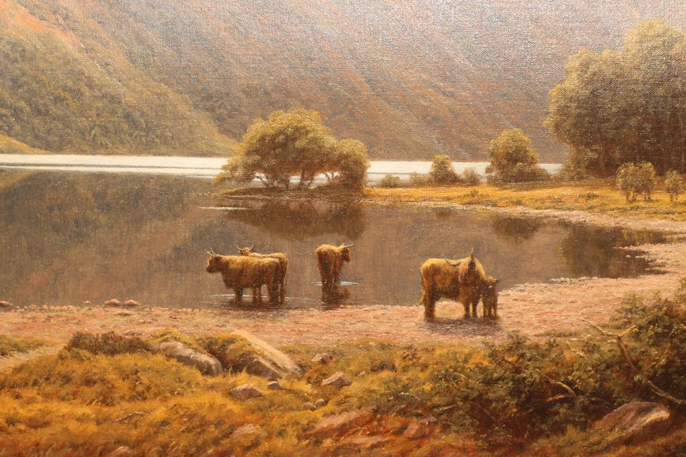 PETER COULTHARD (b.1949), Highland Cattle at the Water's Edge, oil on canvas, signed, 23" x 35 1/2", - Bild 2 aus 4