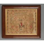 AN EARLY VICTORIAN SAMPLER, 1840, worked by Eliza Oddie aged 10, in coloured wools and full cross