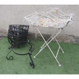 A TUBULAR METAL FLOWER POT STAND, modern, the oblong tray with loop handles, trellis strapwork