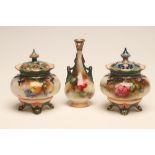 A HARLEQUIN PAIR OF ROYAL WORCESTER CHINA POT POURRIS AND COVERS, 1905, of lobed squat globular form