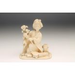 A JAPANESE IVORY FIGURE, Meiji period, carved as a young lady holding a fruiting branch in her