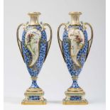A PAIR OF LATE VICTORIAN ROYAL WORCESTER CHINA VASES of slender ovoid form with acanthus leaf