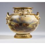 A ROYAL WORCESTER CHINA POT POURRI, 1928, of squat globular form, the pierced neck hung with