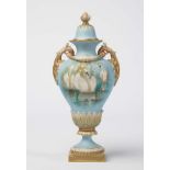 A ROYAL WORCESTER CHINA VASE AND COVER, 1900, of baluster form with everted rim, two leaf moulded