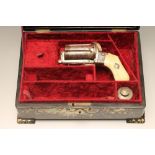 A FRENCH SIX SHOT PINFIRE POCKET REVOLVER, mid 19th century, of nickel plated steel etched