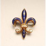 A "HOUSE OF FABERGE" 18KT GOLD AND DIAMOND FLEUR DE LYS BROOCH with blue enamelling, stamped 98/300,