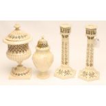 A COLLECTION OF LEEDS CREAMWARE, early 19th century, comprising a pair of hexagonal candlesticks,