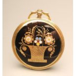 A LATE VICTORIAN MOURNING LOCKET/FOB, the fascia engraved with a basket of flowers with blue, white,