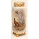 AN EDWARDIAN ROYAL WORCESTER CHINA VASE, 1905, of cylindrical form with scroll pierced neck raised