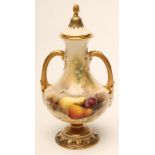 A ROYAL WORCESTER CHINA VASE AND COVER, c.1940, of baluster form with two loop handles on a low