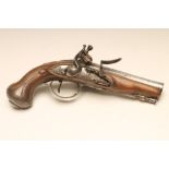 A FLINTLOCK TRAVELLING PISTOL, 18th century, with 4 1/2" floral etched flared barrel, plain