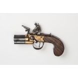 A RARE THREE BARREL TAP ACTION FLINTLOCK PISTOL by J. Richards, London, with 1 1/4" twist off