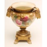 A ROYAL WORCESTER CHINA VASE, 1919, the baluster bowl with two ram's mask handles on a single