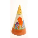 A CLARICE CLIFF NEWPORT POTTERY CONICAL SUGAR SIFTER, 1930's, painted in typical palette with the "