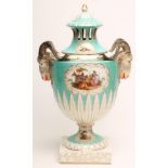 A DRESDEN PORCELAIN POT POURRI URN AND FIXED COVER, late 19th century, of ovoid form with goat's