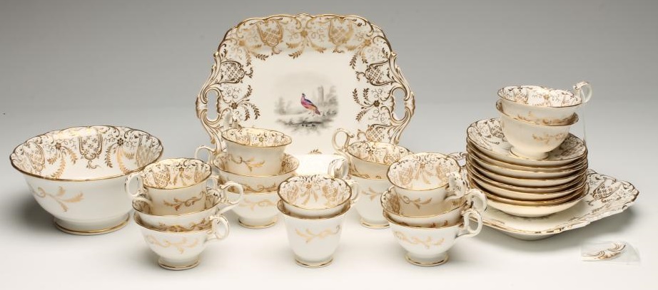 AN EARLY VICTORIAN CHINA PART TEA AND COFFEE SERVICE each piece centrally painted with a vignette of