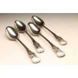 A SET OF FOUR LATE GEORGE III SILVER BASTING SPOONS, maker Eley, Fearn & Chawner, London 1809, in