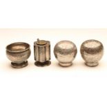 A CHINESE FOUR PIECE CRUET of spherical form on low cylindrical feet, chased and engraved with