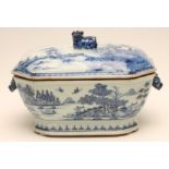 A CHINESE EXPORT PORCELAIN TUREEN AND COVER of canted oblong form with recumbent dog of fo knop