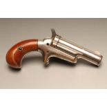 A .41 COLT DERRINGER, with 2 5/8" hinged barrel, sheath trigger and two piece wood grip, 5 3/8"