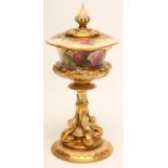 A ROYAL WORCESTER CHINA HIGH PEDESTAL POT POURRI AND COVER, 1928, of lobed baluster form with bead