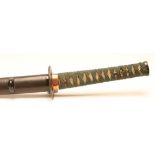 A JAPANESE WAKAZASHI, with 18 1/2" curved heavy blade, undulating hamon, unsigned tang, iron tsuba