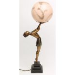 AN ART DECO BRONZED SPELTER FIGURAL LAMP BASE modelled as a young woman, her outstretched arms