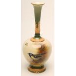 AN EDWARDIAN ROYAL WORCESTER CHINA BUD VASE, 1907, of typical form, painted by E. Barker with a blue