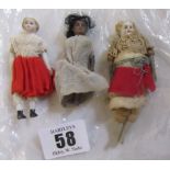Two German doll's house dolls, with painted moulded features and porcelain lower limbs on stitched