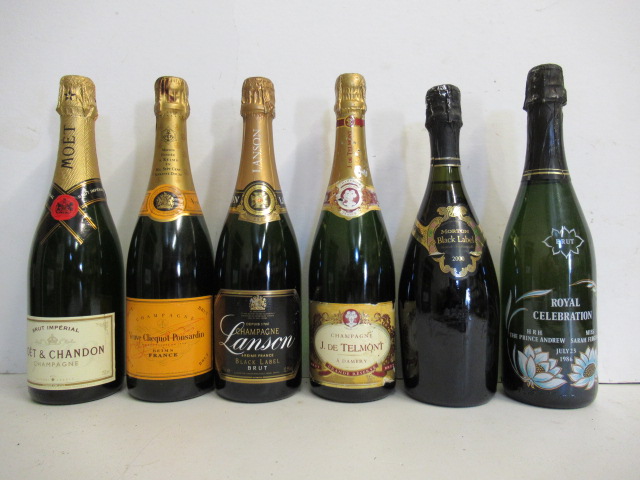 One bottle Moet & Chandon Brut Imperial, one bottle Veuve Clicquot Brut, one bottle Lanson Black