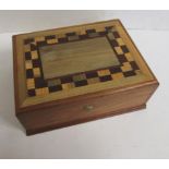 An inlaid wood cigar humidor with parquetry lid, 11 1/2" wide