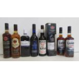 One bottle 2009 Taylor's LBV Port, two bottles Lambs Navy Rum, one bottle Wood's 100 Old Navy Rum,