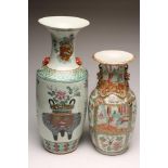 A CANTONESE PORCELAIN VASE, with chi-long handles and moulded and applied salamanders to the
