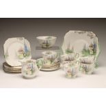 AN ART DECO SHELLEY CHINA TEA SERVICE printed in grey and overpainted in pink, yellow, blue and