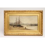 DE (?) HENRY (19th Century), Dock Scene with Sailboats and Figures, oil on board, signed, 8 1/2" x