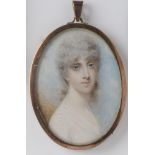 ENGLISH SCHOOL (Late 18th Century), A Lady in a White Dress, oval on ivory, unsigned, 3" x 2",