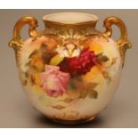 A ROYAL WORCESTER CHINA VASE, 1919, of globular form with two scroll loop handles and pierced